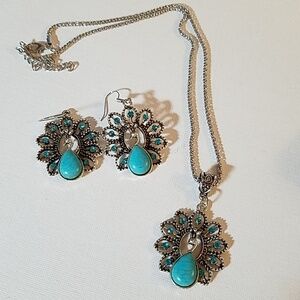 RhinestoneTurquoise Faux Silver Set of 3 Peacock
